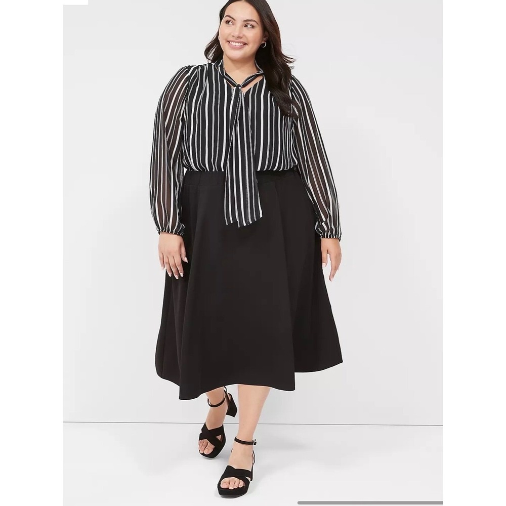 Lane Bryant Tie Neck Popover Blouse Black White Striped Chiffon Plus Size 22 NEW